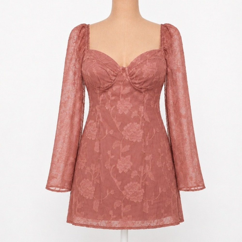 Floral Fairy Burnout Babydoll Mini Dress XS Pink Long Sleeve Romantic Coquette